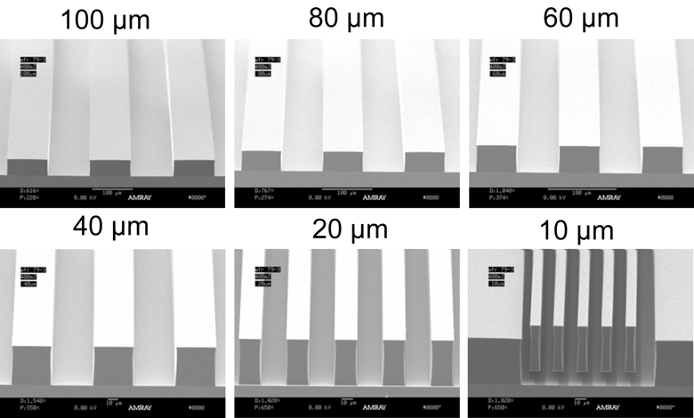 Lines and spaces varying from 100 to 10 µm with a 40 µm thick AZ<sup>®</sup> 40XT at 400 mJ/cm2 exposure dose